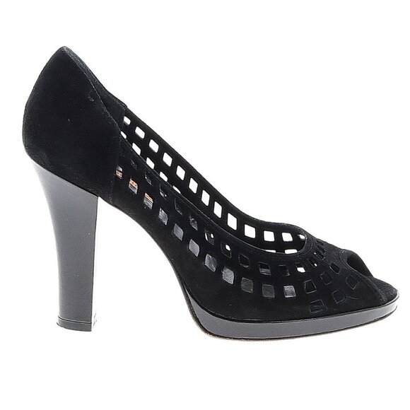 Via Spiga Suede Leather Heels Pumps Cut Out Details Black 6.5 peep toe - Picture 1 of 4